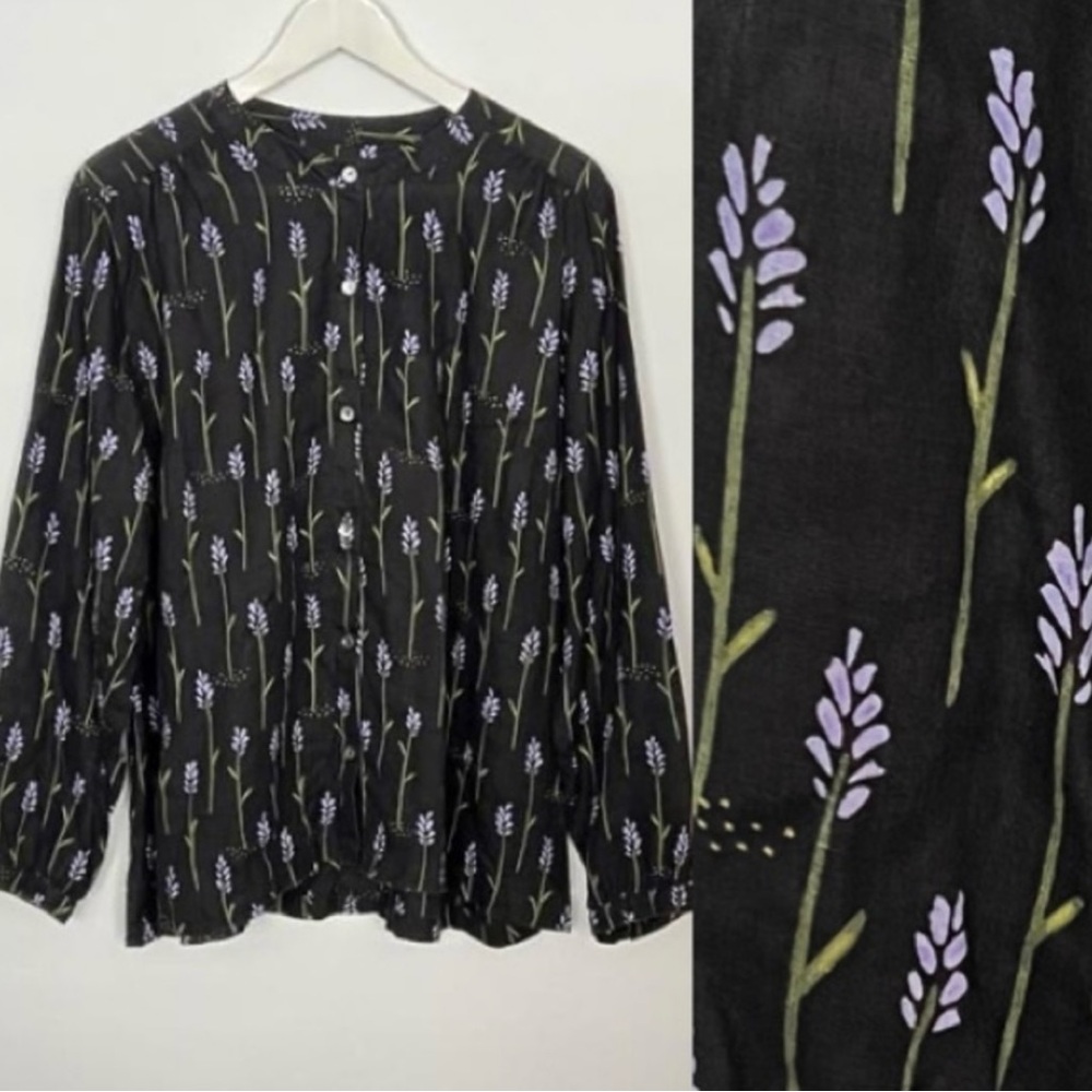 Gudrun Sjoden Button down long sleeve Hemp floral top mandarin black LARGE